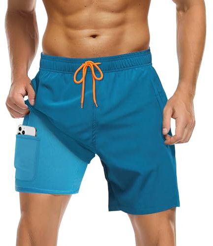 Maillots de Bain pour Hommes, Shorts de Bain Homme avec Poche Zippée Invisible, Maillot Bain Homme Cordon (FR/ES, Alpha/Lettres, Moyen, Taille Normale, Taille Normale, Standard, Bleu Paon)