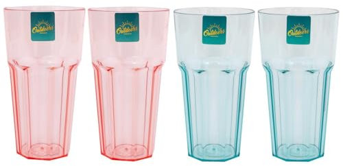 YöL Set of 4 Blue Pink Plastic Tumblers Large Retro Drinks Glasses Summer Outdoor Dining BBQ 475ml