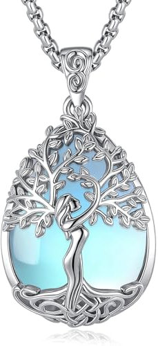 EUDORA Harmony Ball Collier Arbre de Vie en Pierre de Lune pour Femmes Cuivre Argenté, Pendentif Arbre de la Déesse Mère en Cristal Bijou pour le Yoga et la Méditation Cadeau pour Mère Épouses, 20+2