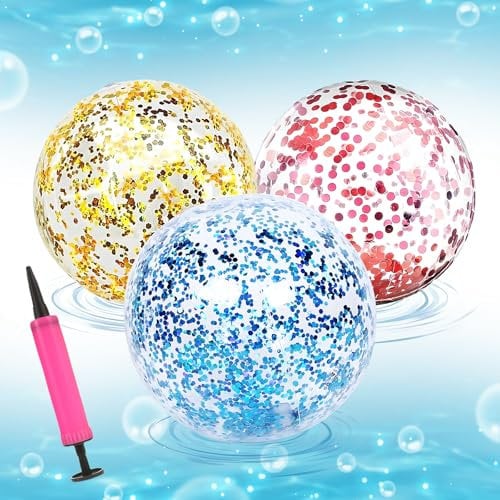 peiyee Strandball Glitter 3 Stück mit Eine Ballonpumpe, Aufblasbare Glitter Wasserball Transparente, Glitter Wasserbälle 40 cm für Beach Pool Party Wasserspielzeug, Glitter Aufblasbarer Ball Set