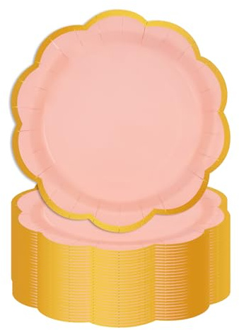 EVYIENEN 50 Pcs Pink Paper Plates,9 inch/23cm Disposable Scalloped Dessert Plates Paper Tableware Plates for Birthday Baby Shower Wedding Party Decorations Supplies