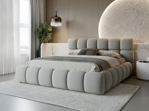 GRAINGOLD Modo Bett 140x200, Polsterbett mit Bettkasten, Polsterbett mit Stauraum, Samt, mit Lattenrost, mit Kopfteil, ohne Matratze (Grau, 140x200)