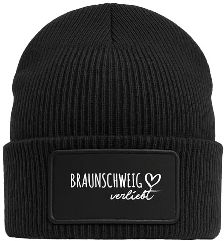 Huuraa Beanie Braunschweig verliebt Geschenk | Black Geschenkidee Schwarze Rippstrick Wintermütze mit austauschbarem Klett Patch