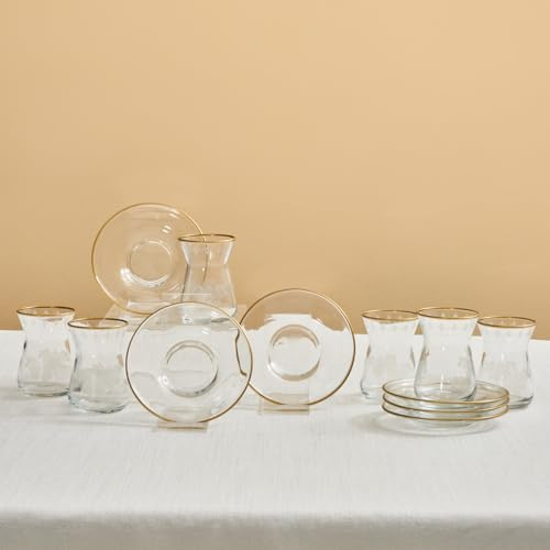 KARACA Gent 12 Piece Turkish Tea Set for 6 People 132 ml – Elegant Gold Detailed Tea Glass & Saucer Set Dishwasher Safe