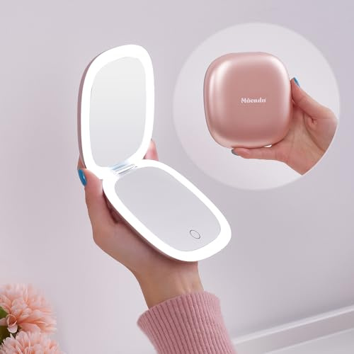 Mocado Compact Mirror, 1X/10X Travel Mirror, 10cm Travel Makeup Mirror | 3 Color Adjustable Lights, Double Sided, USB Rechargeable & Touch Screen, Portable(Rose Gold)