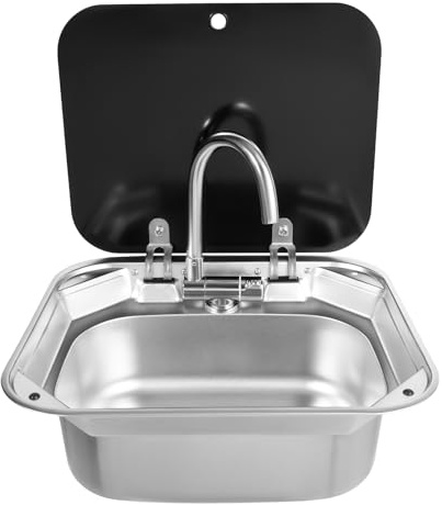 TFGXUE Fregadero para caravana, 42 x 37 x 15 cm, para caravana, de acero inoxidable, con tapa de cristal, grifo para caravanas, cocinas pequeñas, bares