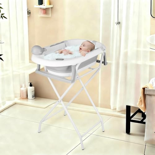 Faltbare Babybadewanne mit Gestell, Thermometer, Badekissen und Badekappe, Baby Badewanne mit Ablaufsystem, PP und TPE Material (Grau, 55x40x90 cm)
