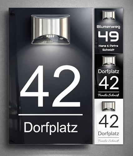 Numéro de maison de qualité supérieure - Éclairage solaire à LED - Personnalisable - Verre acrylique brillant de 5 mm en différentes couleurs - Résistant aux intempéries - Anthracite, blanc, noir