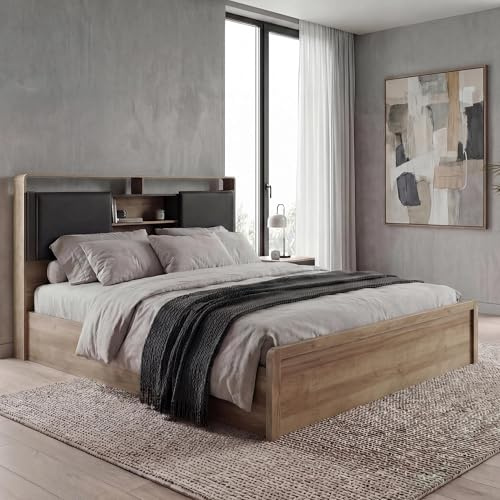 Mendler King Size Bett HWC-P43, Doppelbett Bettgestell mit Lattenrost, MDF 180x200cm - Rivera-Eiche-Optik, dunkelgrau