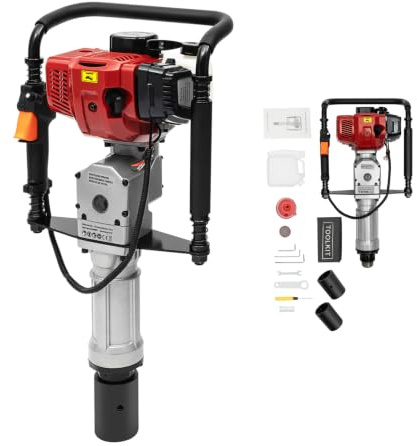 Guoked 52CC 2-Takt Benzin Pfahlramme, 1900W 45J Aluminium Tragbar Einzylinder Profi Pfostentreiber Handramme Zaunpfahlramme Erdlochbohrer mit 55MM 70MM Hülse für Zaunbau Gebäude Gartenzaun