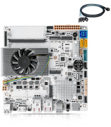 NAS Motherboard N150 6 Bay, 2×10GbE RJ45 LAN (X550-AT2) White Mini ITX PC Mainboard, 3 x NVMe, M.2 WiFi, DDR5 NO RAM/SSD, TF Slot, USB-C, HD+eDP, 1×SFF-8643 (1* SATA Cable)
