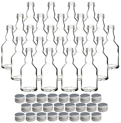 gouveo Juego de 24 botellas de vidrio Mina de 50 ml con tapón de rosca plateado - mini botella de 0,05 l para rellenar - botellas de vidrio para licor, aceite o para manualidades (MFM050S)