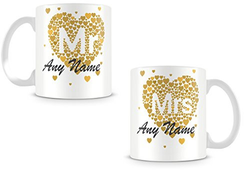 MUGGZ Mr and Mrs - His and Hers Personalised Mugs/Cups - Customise with Any Name - Gold Love Hearts – Custom Funny Coffee Mug – Unique Gift for Friends & Family