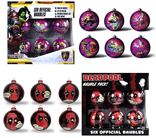 Deadpool & Guardians of The Galaxy Set of 2 6PC Christmas Tree Tin Baubles Decoration Pack - 7.5cm x 7.5cm - Featuring 6 Different Designs Per Pack.