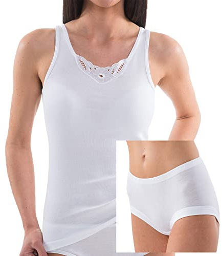 HERMKO Damen Set Klassik - Spitzenhemd + Taillenslip aus 100% Bio-Baumwolle, Farbe:weiß