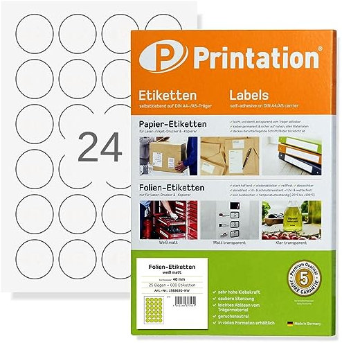 Printation Etiketten rund 40mm transparent matt - 600 runde Folien-Etiketten 40 mm - Klebepunkte transparent selbstklebend 40mm rund auf 25 DIN A4 Bogen - 24 Aufkleber rund 40mm pro Blatt wasserfest