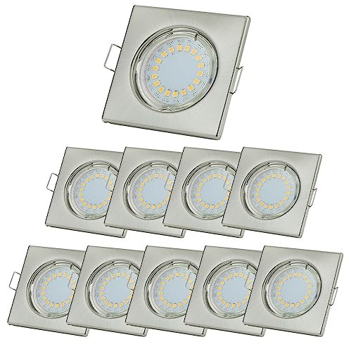 Sweet LED Einbaustrahler Eckig GU10 fassung 230V Set 5W Einbauleuchten, Deckenspots chrom gebürstet Deckenstrahler,leuchten aus Glas warmweiß 3000K, Einbauspots für 10er Set