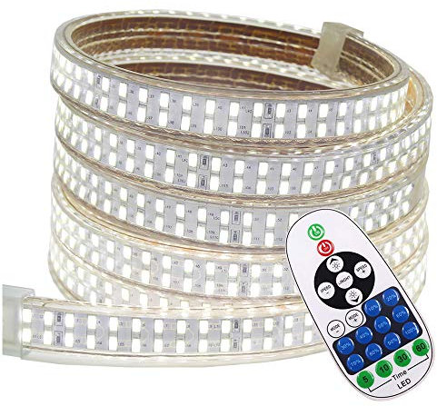 XUNATA 10m Súper Brillante Regulable Tira LED con RF Remoto, Blanco 220V 5730 240LEDs/m Impermeable Dimmable Escalera de Techo Blancas Cocina Lights