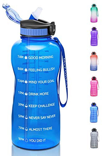MYFOREST 2200ml/74oz Large Water Bottle, Time Marker for Motivational Hydration, Drop-proof, BPA-free, Flip Top Nozzle/Straw/Carry-Strap/Wide-Mouth for Easy Clean, Dishwasher Safe