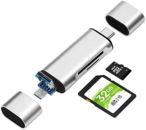 SD/Micro SD Kartenleser, BorlterClamp Speicherkartenleser 3-in-1 Kartenlesegerät mit USB C MicroUSB OTG Adapter Kompatibel mit PC, Laptop, MacBook, Tablet, Smartphone (Silbrig)