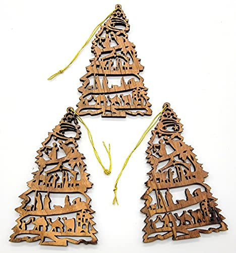 Olive Wood Ornaments Set of 3 Christmas Tree Ornaments | Bethlehem Olive Wood Christmas Ornament Set
