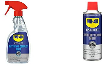 WD-40 Specialist Moto - Pulvérisateur - Nettoyant polyvalent, 500 ml et Lustreur Silicone - Aérosol - Superbe brillance - Empêche le caoutchouc de craqueler et vieillir - 400 ml