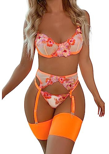 Sexy Lingerie for Women Sets 4 Piece Lingerie Set with Floral Embroidered Lace Sheer Underwire Bra with G-String Thigh Bands with Garter Belt Lingerie, Orange L