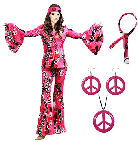 XonyiCos 6 Stück 70er Jahre Hippie Kostüme Zubehör für Damen Disco Outfit, 70er Jahre Mottoparty Kostüm, Halloween Boho Schlaghose (Rosa, XL)