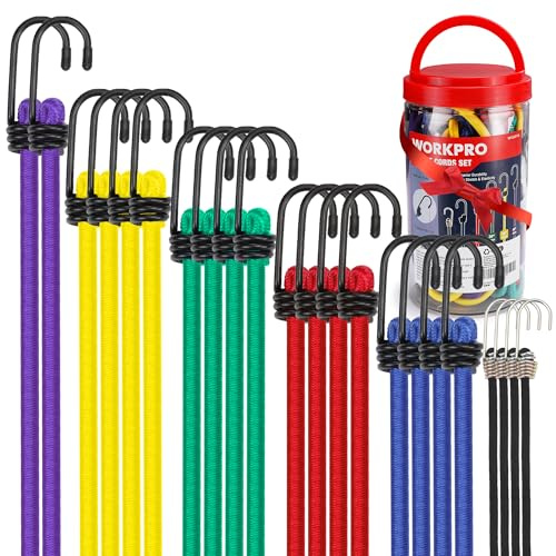 WORKPRO Bungee Cords Heavy Duty Outdoor - 22 PCS Bungee Cords with Hooks in a Storage Jar Includes 10, 18, 24, 30, 36, 48 Bungie Cord Bundle Assortment with Metal Hook
