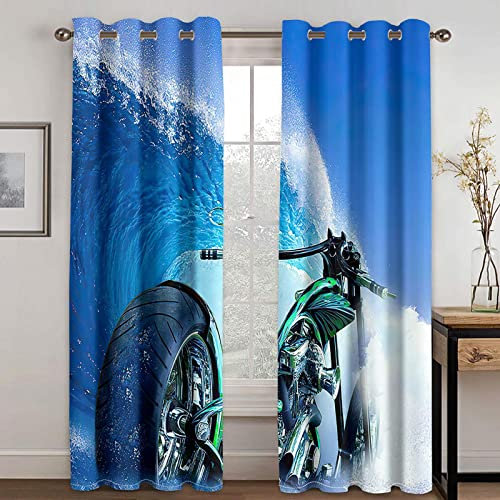 MTBDyyds 3D Window Treatments Motorcycle Ocean Spray Eyelet Blackout Curtains Thermal Insulated Room Darkening Curtains For Room Darkening Nursery Bedroom Windows Treatment 150X166Cm