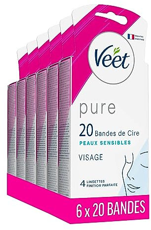 VEET PURE - 120 Bandes de cire froide Visage - Peaux Sensibles - Recommandés par les Dermatologues - Epilation Longue Durée - Lot de 6x20 bandes