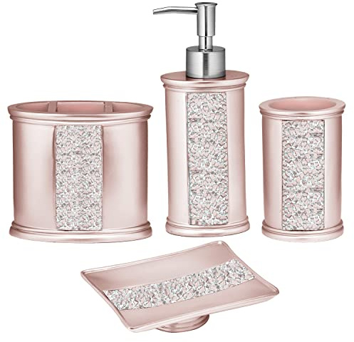 Zahari Home 4pc Sinatra Stylish Bathroom Accessories Set Liquid Soap Dispenser, Tumbler, Tooth Brush Holder and Soap Dish Modern Classic Luxury Decor Bling Mosaic Glass Blush Bathroom Accessories
