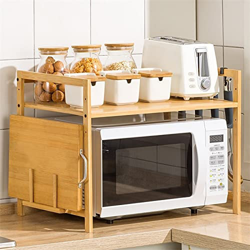 Vinteky Soporte Microondas de Madera, Estante para Horno de Microondas, Estante de Cocina de 2 Niveles con 4 Ganchos, Estantería Cocina Altura Ajustable (Natural)