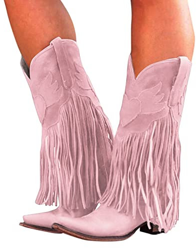 Stiefel Damen, Overknees Stiefel Damen mit Absatz Plateau Quaste Elegant Lange Cowboystiefel Langschaft Kniehoch Hohe Stiefel Cowboy Boots Lang Stiefeletten Winterschuhe Damenstiefel