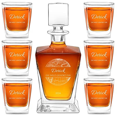 Maverton Whisky Karaffe 800 ml + 6er Whisky Gläser Set mit Gravur - Glas Karaffe mit Gläsern - personalisiertes Whiskey Decanter Set für Männer - für Whiskygenießer - Welt