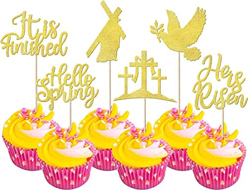 24 Stück Ostern Kreuz Tortendeko Glitter Er ist Auferstanden Friedenstaube Easter Cupcake Toppers, für Christentum Thema Baby Dusche Kinder Geburtstag Party Kuchen Dekoendeko Lieferungen Gold