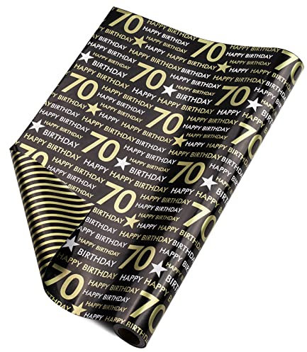RUSPEPA Wende-Geschenkpapierrolle – 70 Jahre alter Geburtstag, Schwarz-Gold-Muster, ideal für Geburtstag, Party, Babyparty – 43,2 cm x 10 m