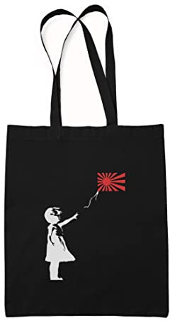 Maikomanija Banksy inspiriertes Mädchen mit Ballon, JDM Flagge, Street Art, umweltfreundlich, wiederverwendbar, Baumwollleinen, waschbar, Schultertasche, Einkaufstasche, Schwarz , Einheitsgröße