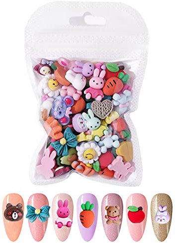 Cartoon Nail Charms,50PCS Mixed Assorted Bear Rabbit Carrot Bow Bowknot Nail Charms,Cute Animal Fruit Resin Slime Charms Flatback for DIY Craft Making 3D Nail Art Decorations