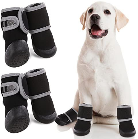 PUMYPOREITY 4 Stück Hundeschuhe Pfotenschutz, wasserdichte Anti-rutsch Hundestiefe Schneeschuhe Pfotenschutz mit Reflektierendem Riemen Regenschuhe Hundestiefelmit Paw Protector für Hunde(Schwarz, L)