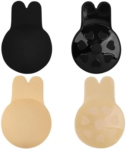 Pinkswan 2 Paia Reggiseno Adesivo Push Up, Reggiseno Invisibile, Senza Spalline Alza Seno, Rialzata Coppe Adesive Seno Copricapezzoli Riutilizzabile Appiccicoso per Le Donne (Nero e Color Pelle)