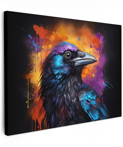 MuchoWow© Leinwand 70x50 cm Deko Schlafzimmer Aesthetic Leinwandbilder Wohnzimmer Gemälde Foto Geschenk Living Room Decoration Banksy - Street Pop Art - Vogel - Krähe - Graffiti - Schwarz