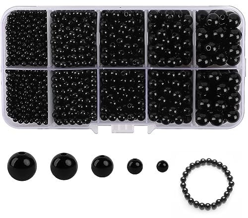 1750 Stück Bastelperlen Set Schwarz Klein Perlen 3/4/5/6/8mm Perlen mit Loch, Runde Perlen zum Auffädeln Abstandsperlen Nähen Perlen für die Schmuckherstellung, Halskette, Armband