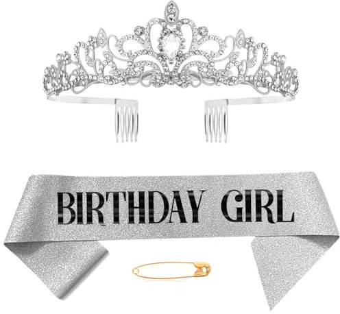 Birthday Geburtstagskrone Schärpe Birthday Queen Krone Geburtstag Frauen Mädchen Geburtstag Königin Schärpe Strass Tiara Set für Alles Gute zum Geburtstag Partyzubehör Dekorationen, Silber