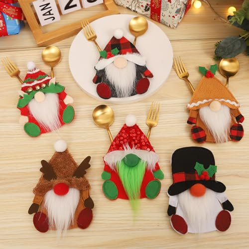 Porte Couverts de Noël, 6 Pièces Sac à Couverts en Feutre Père Noel Gnome Paniers à Couvert Decoration de Table Noël, Couteaux Fourchettes Cuillères Vaisselle Rangement Sacs à Couverts de Dîner Fête
