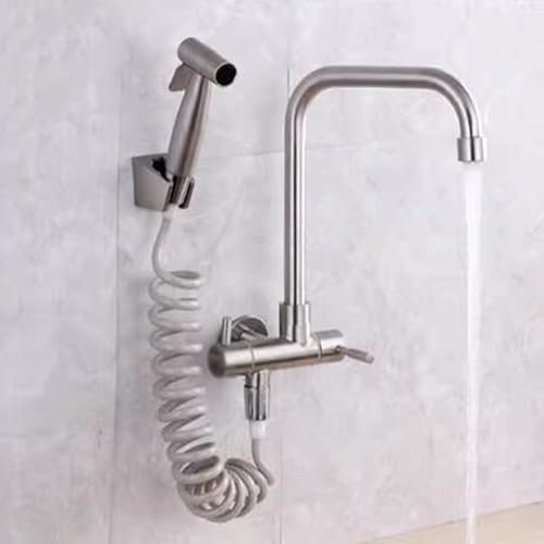 Grifo de Cocina de Pared Agua Fria Acero Inoxidable Grifo de Cocina con Pistola Rociadora Grifo de Fregadero-B