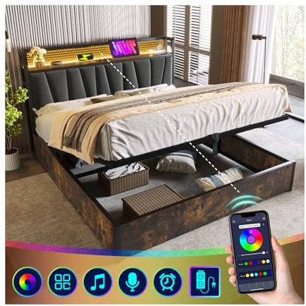 Letto Matrimoniale 160x200 con Contenitore, LED, USB e APP Controllo - Testiera e Spazio Extra, Rete a Doghe - Una Piazza e Mezza
