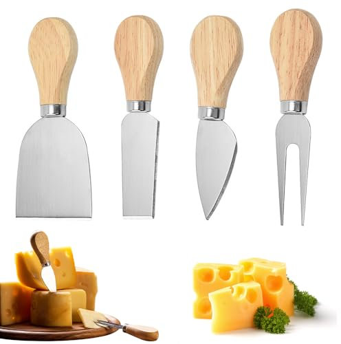FIGFYOU 4 PCS Set de Couteaux à Fromage avec Poignée en Chêne, Couteaux à Fromage Inox Professionnel, Fourchette à Fromage en Acier Inoxydable pour Fromage, Beurre, Confiture, Gelée, Cadeaux