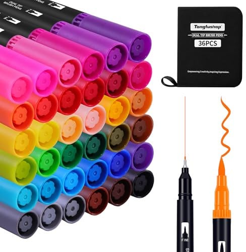 Tongfushop Dual Brush Pen Set, 36 Farben Doppelseitig Pinselstifte Aquarell Marker Fineliner Set, Filzstifte Dicke und Dünne Für Erwachsene Kalligraphie Handlettering Manga Malbücher Journal