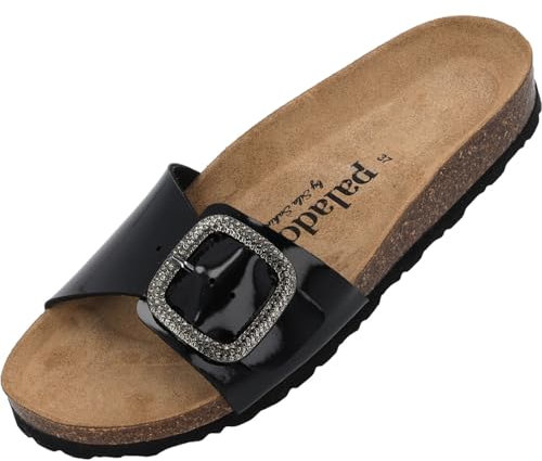 Palado Damen Pantoletten Malta BX by Sila Sahin - Hausschuhe mit Natur Kork-Fussbett - modische Sandalen aus feinstem Veloursleder Schwarz Lack UK7 - EU40
